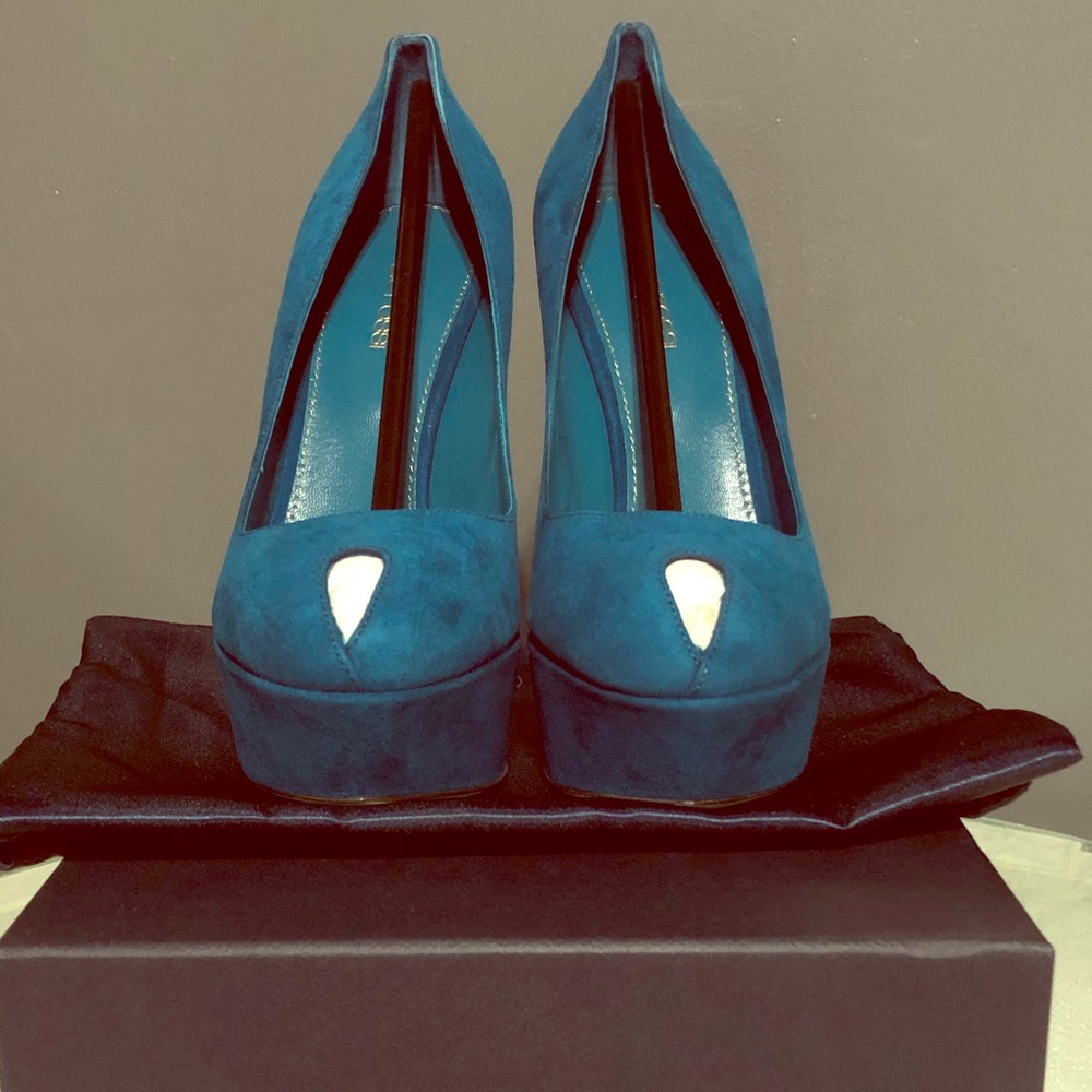 Sergio Rossi teal suede platform pumps